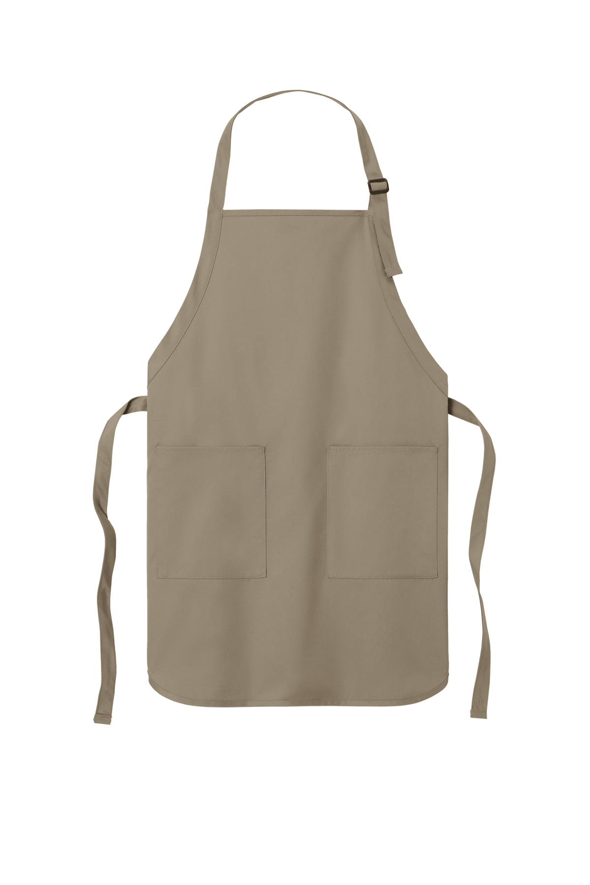 Khaki Port Authority personalized apron with adjustable neck strap, front pockets, ideal for cooking, BBQ, or gift use.