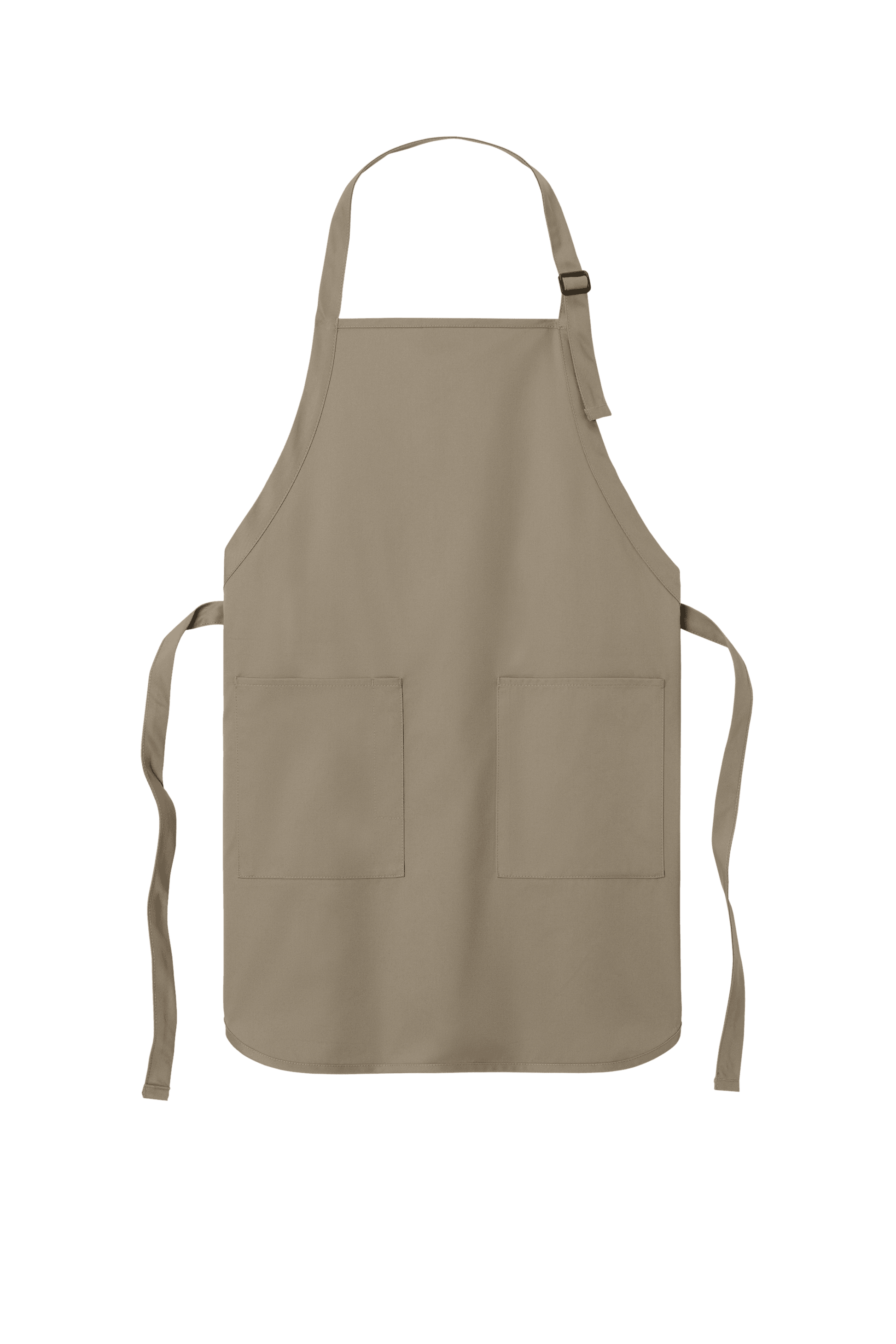 Khaki Port Authority personalized apron with adjustable neck strap, front pockets, ideal for cooking, BBQ, or gift use.