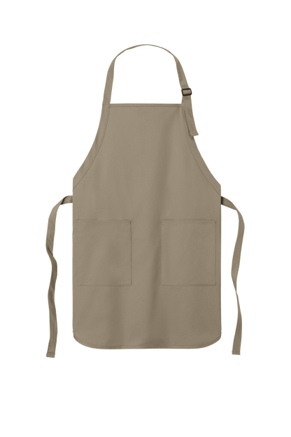 Khaki Port Authority personalized apron with adjustable neck strap, front pockets, ideal for cooking, BBQ, or gift use.