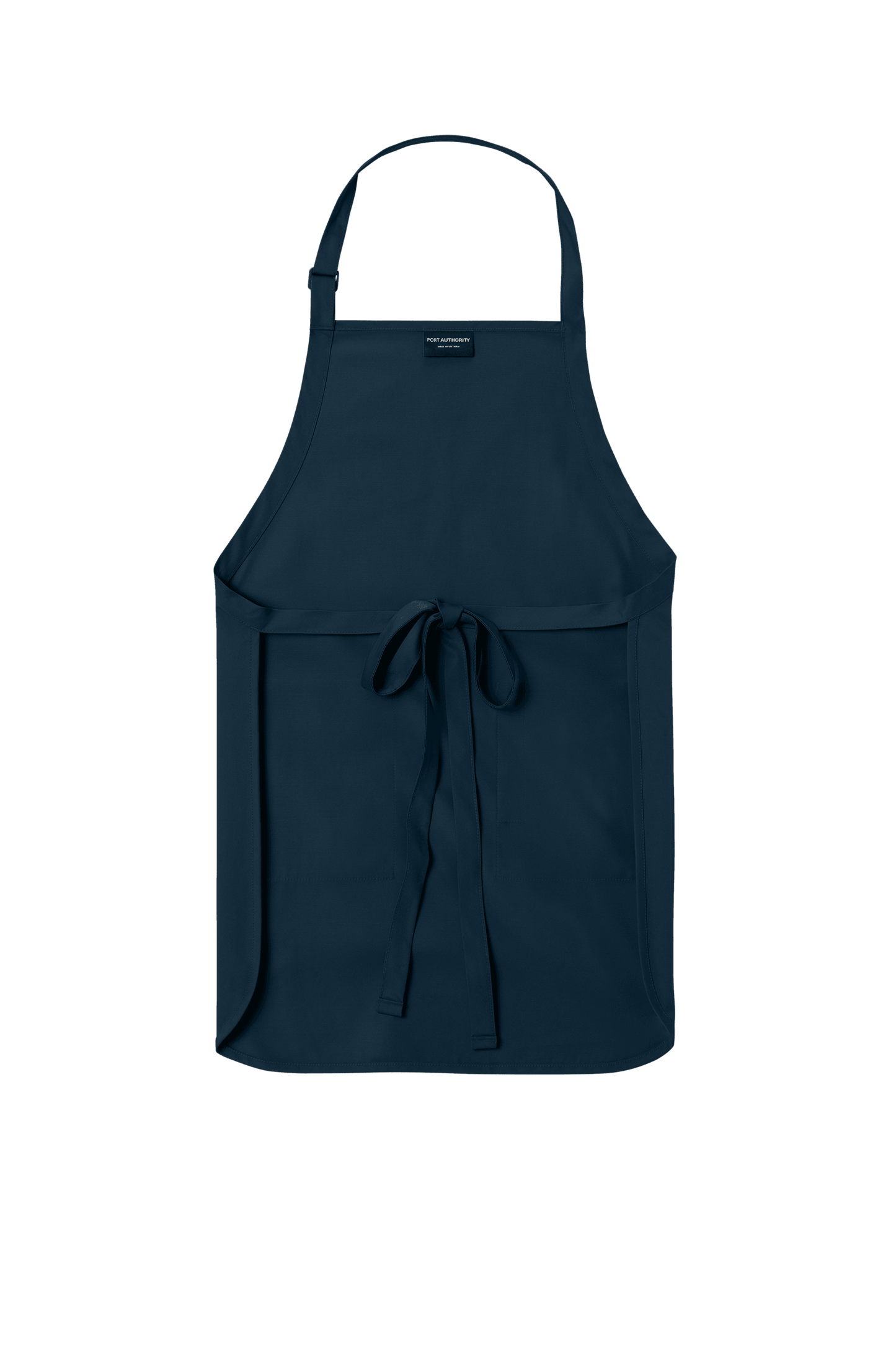 Navy Port Authority personalized apron with adjustable neck strap, front pockets, ideal for cooking, BBQ, and gift use.