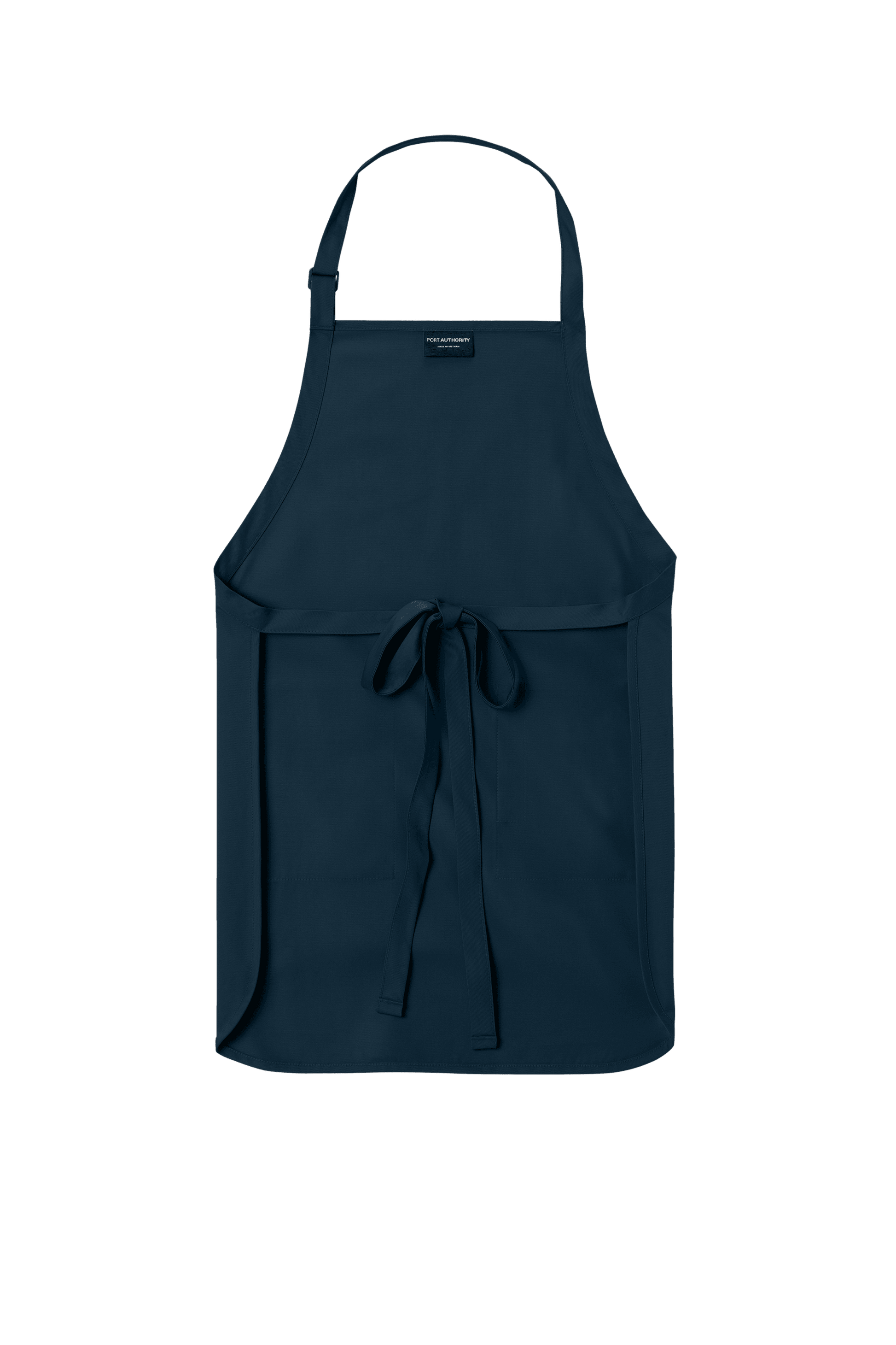 Navy Port Authority personalized apron with adjustable neck strap, front pockets, ideal for cooking, BBQ, and gift use.