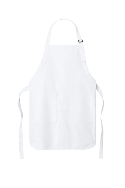 White Port Authority personalized apron with adjustable neck strap and front pockets, ideal for cooking, BBQ, and gift use.