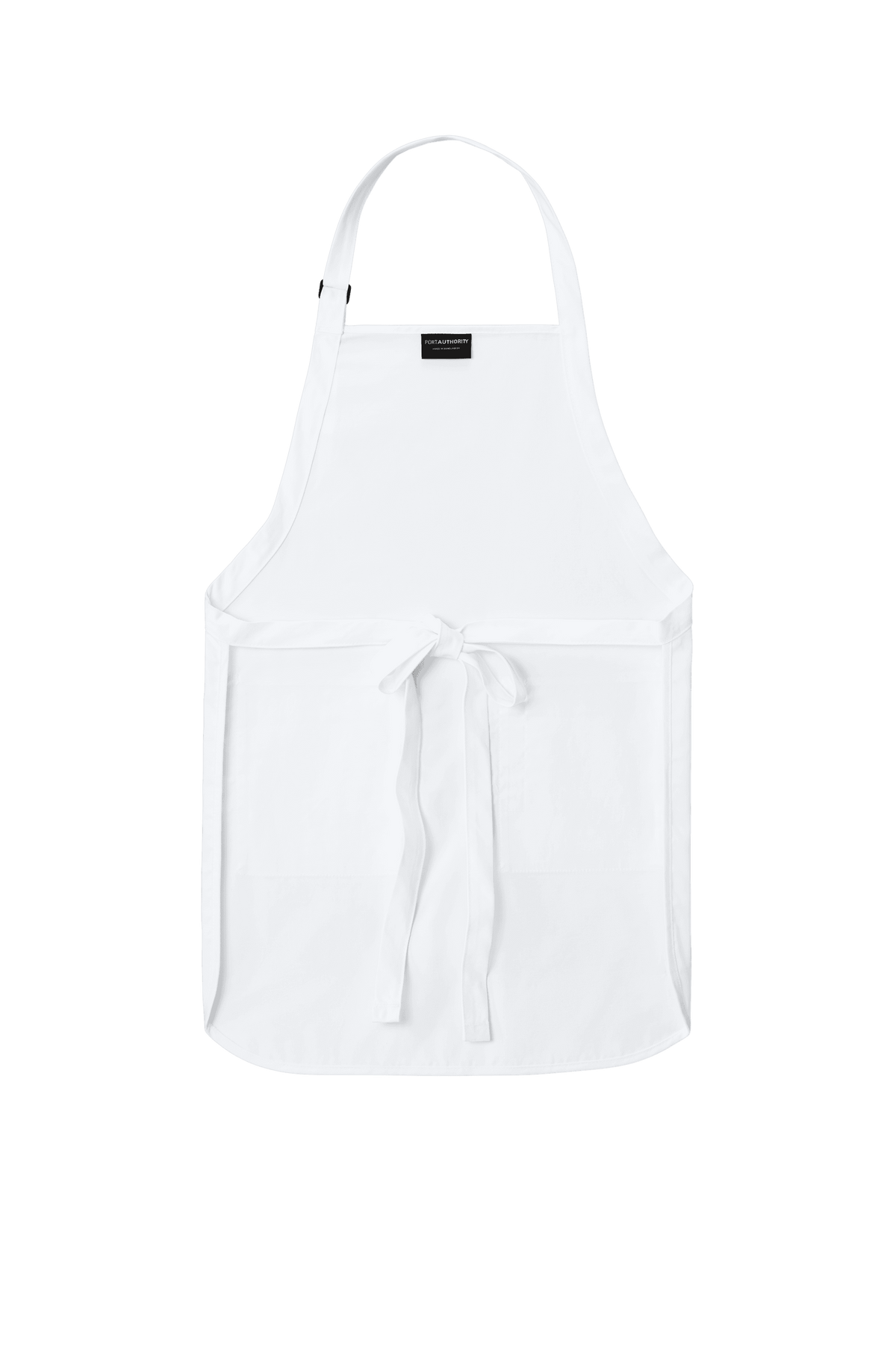 White Port Authority apron with adjustable neck strap, front pockets, personalized print for cooking or BBQ gifts.