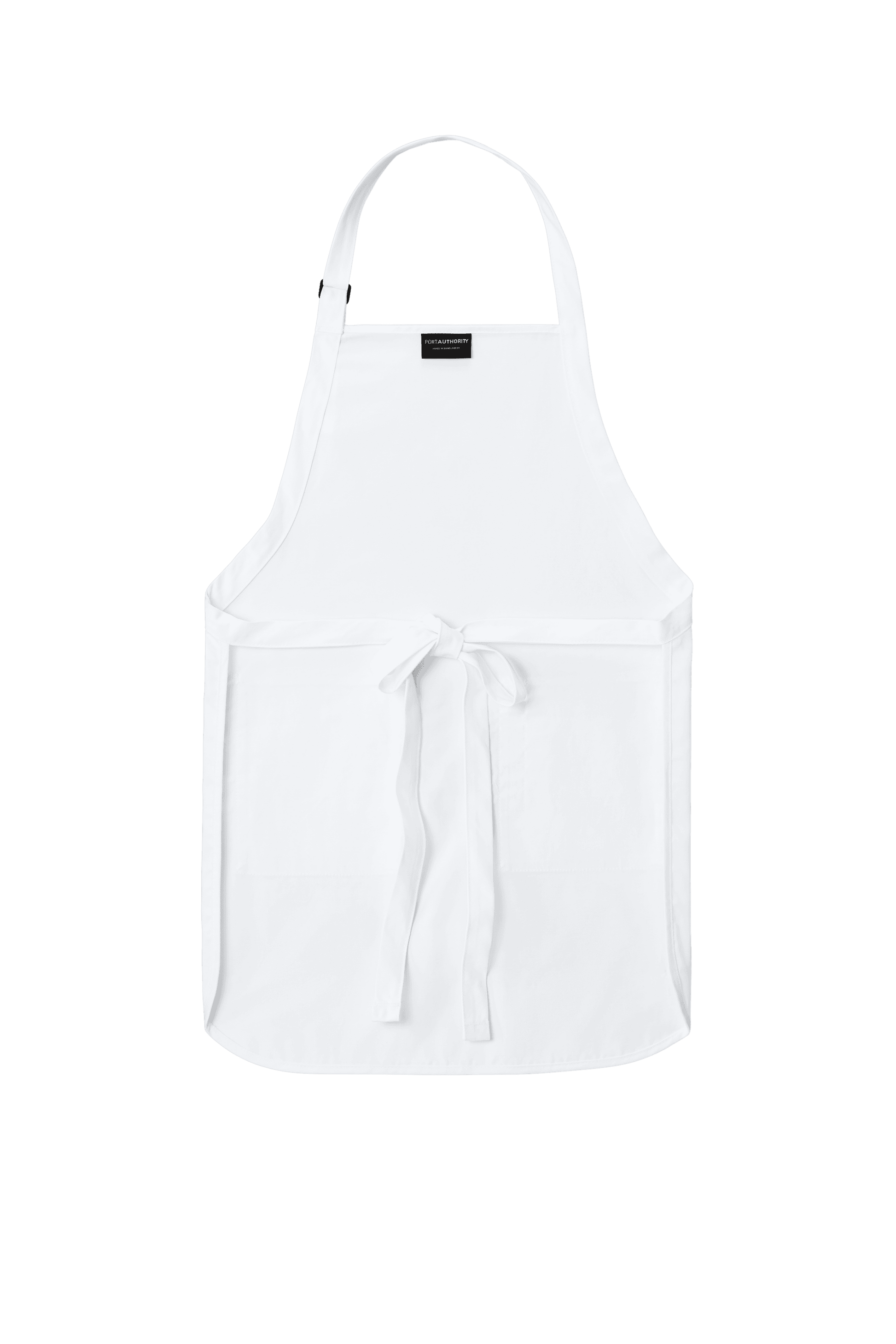 White Port Authority apron with adjustable neck strap, front pockets, personalized print for cooking or BBQ gifts.