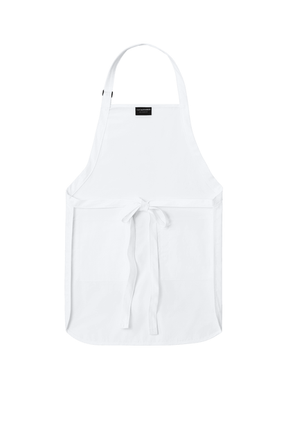 White Port Authority apron with adjustable neck strap, front pockets, personalized print for cooking or BBQ gifts.