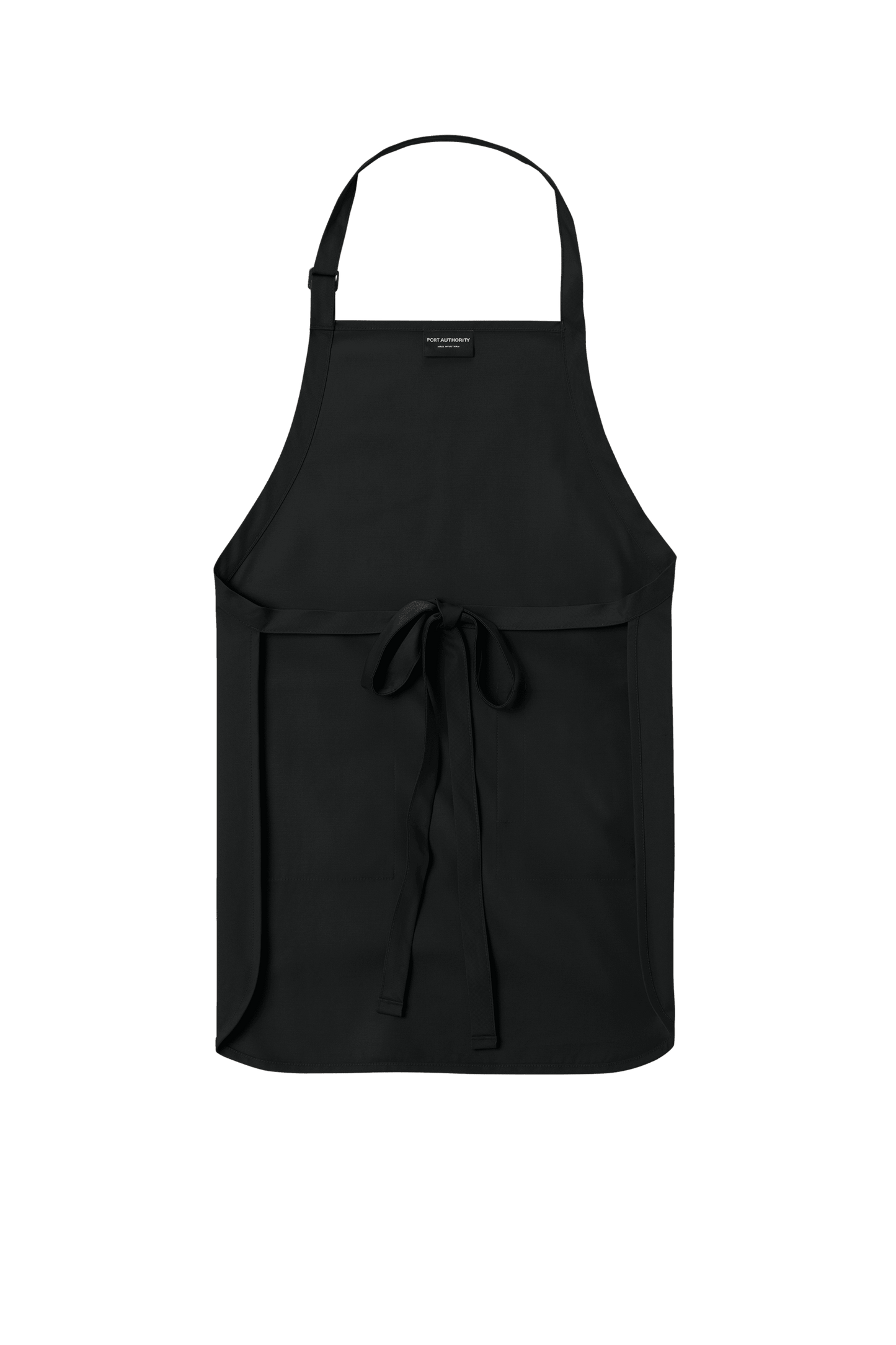 Black Port Authority apron with adjustable neck strap and front pockets, perfect for cooking, BBQ, and personalized gift use.