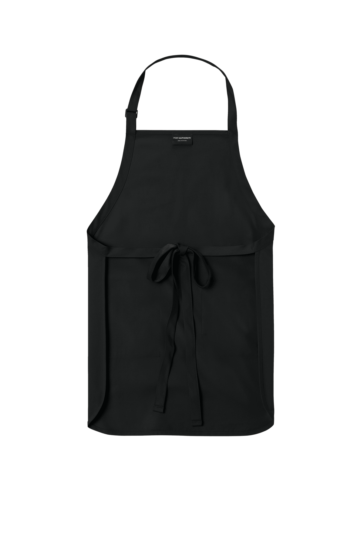 Black Port Authority apron with adjustable neck strap and front pockets, perfect for cooking, BBQ, and personalized gift use.