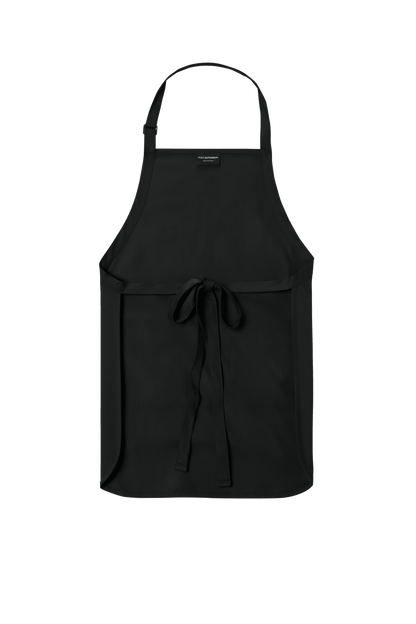 Black Port Authority apron with adjustable neck strap and front pockets, perfect for cooking, BBQ, and personalized gift use.