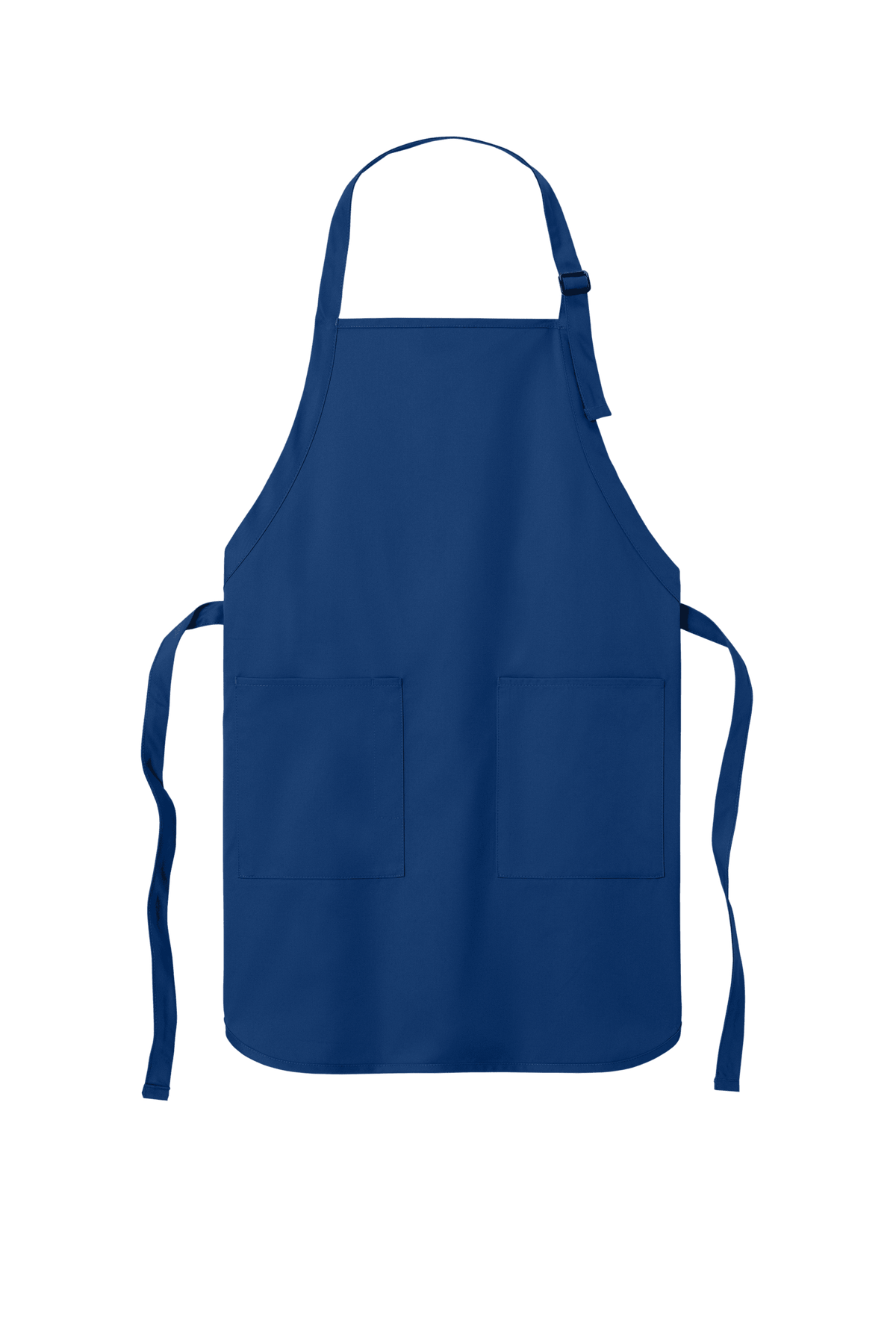 Blue personalized cooking apron by Port Authority with adjustable neck strap and front pockets, ideal for BBQ and gift use.