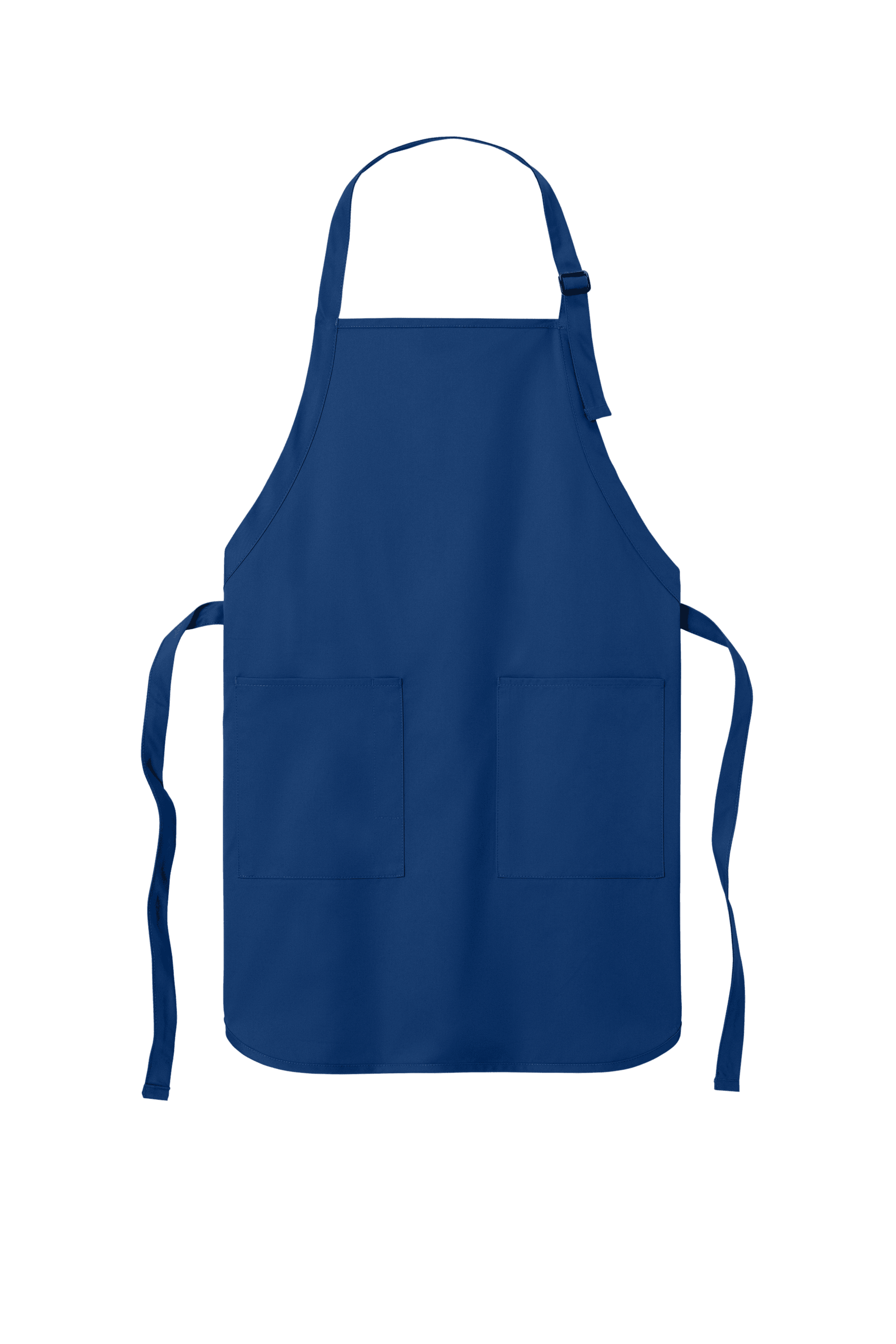 Blue personalized cooking apron by Port Authority with adjustable neck strap and front pockets, ideal for BBQ and gift use.