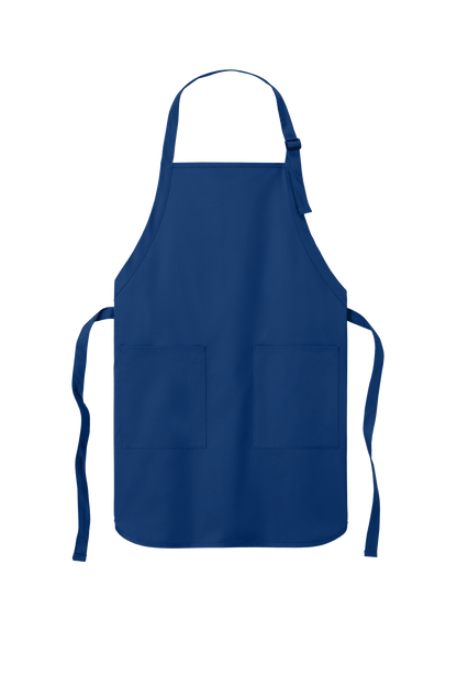 Blue personalized cooking apron by Port Authority with adjustable neck strap and front pockets, ideal for BBQ and gift use.