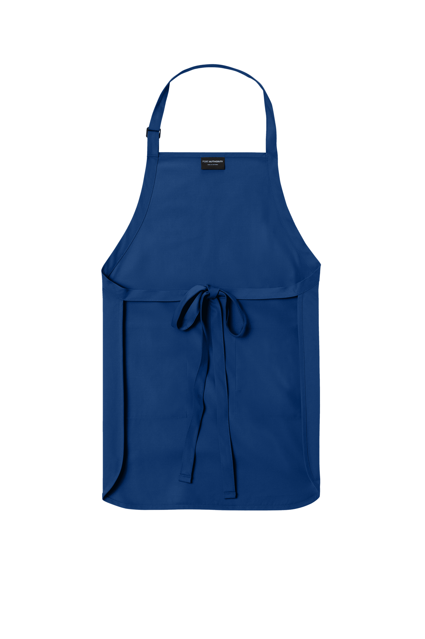Blue Port Authority apron with adjustable neck strap, front pockets, personalized print for cooking, BBQ, or gift use.