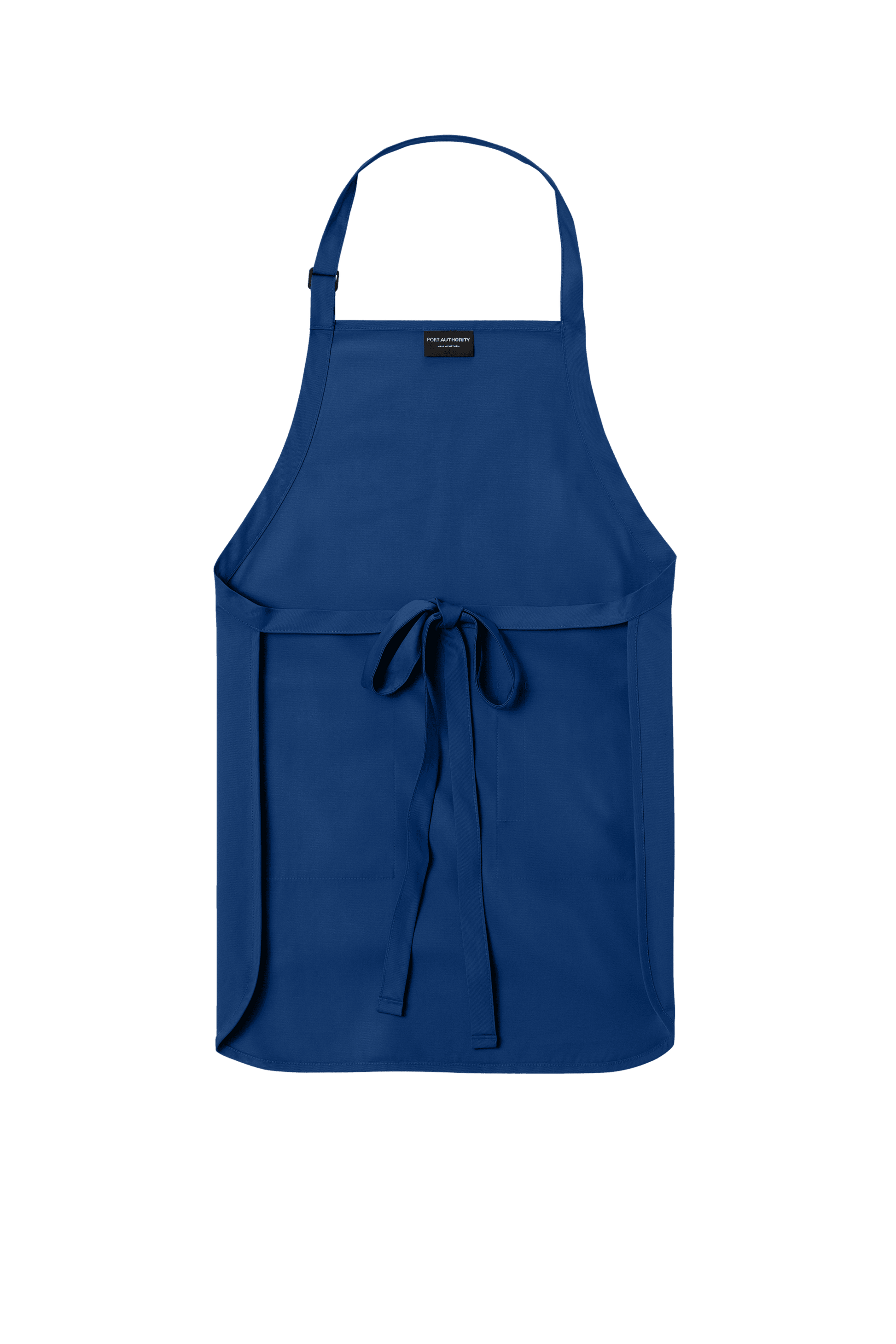 Blue Port Authority apron with adjustable neck strap, front pockets, personalized print for cooking, BBQ, or gift use.