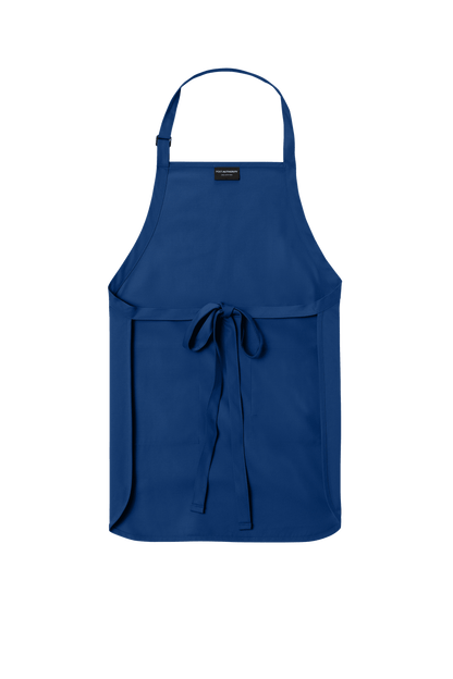Blue Port Authority apron with adjustable neck strap, front pockets, personalized print for cooking, BBQ, or gift use.