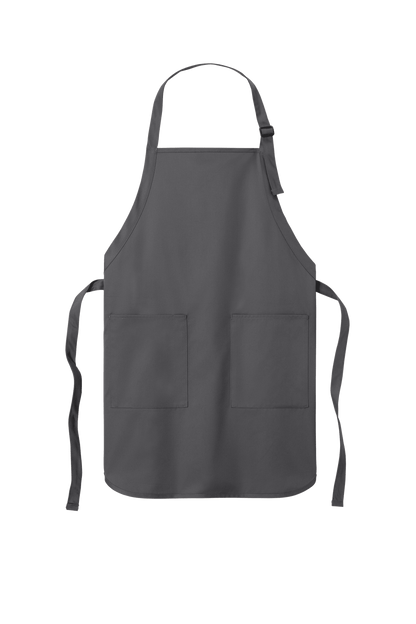 Gray Port Authority apron with adjustable neck strap and front pockets, ideal for cooking, BBQ, or gift use.