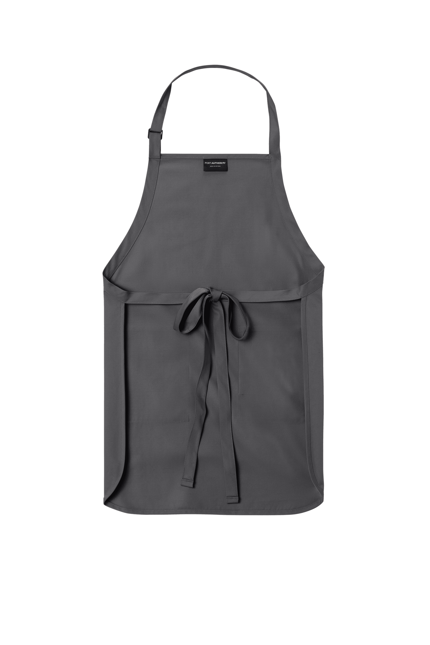 Gray Port Authority personalized apron with adjustable neck strap, front pockets, ideal for cooking, BBQ, and gifts.