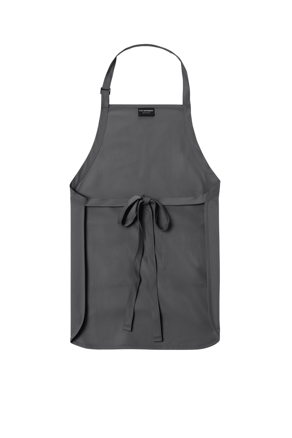 Gray Port Authority personalized apron with adjustable neck strap, front pockets, ideal for cooking, BBQ, and gifts.
