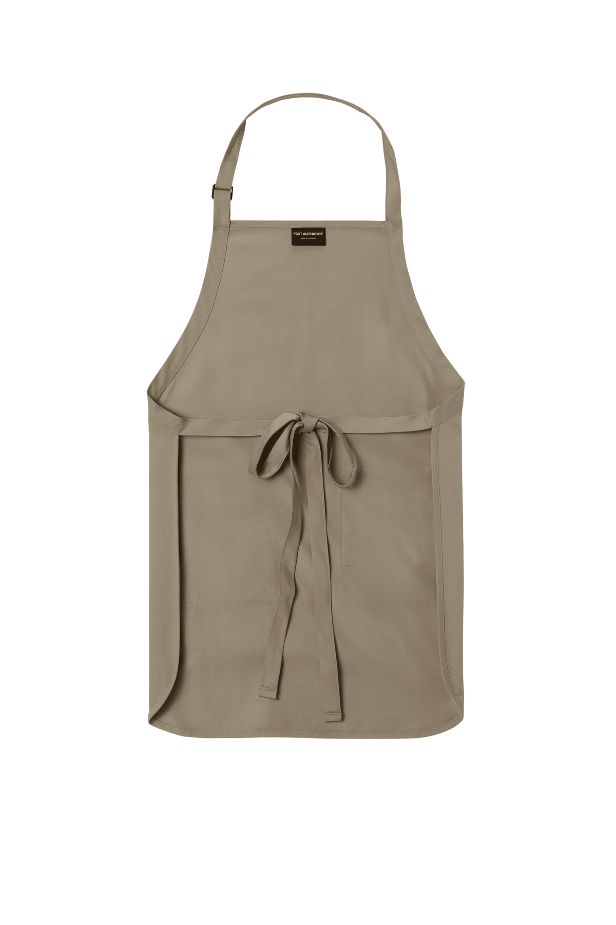 Khaki Port Authority apron with adjustable neck strap and front pockets, ideal for cooking, BBQ, and personalized gift use.