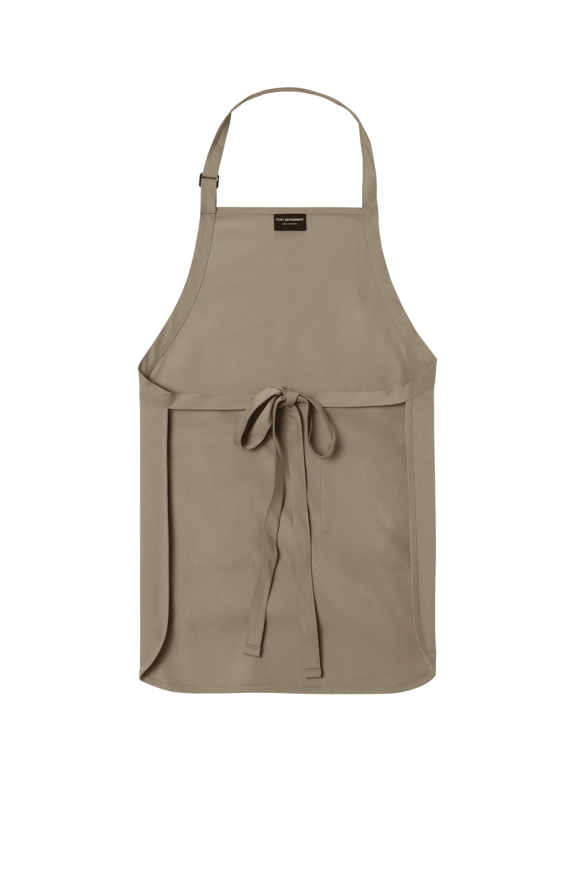 Khaki Port Authority apron with adjustable neck strap and front pockets, ideal for cooking, BBQ, and personalized gift use.