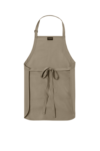 Khaki Port Authority apron with adjustable neck strap and front pockets, ideal for cooking, BBQ, and personalized gift use.