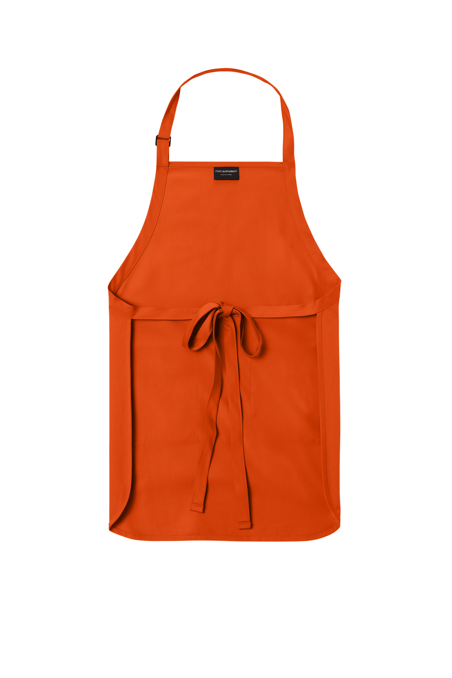 Personalized Port Authority apron with adjustable neck strap and front pockets, ideal for cooking, BBQ, and gift use.