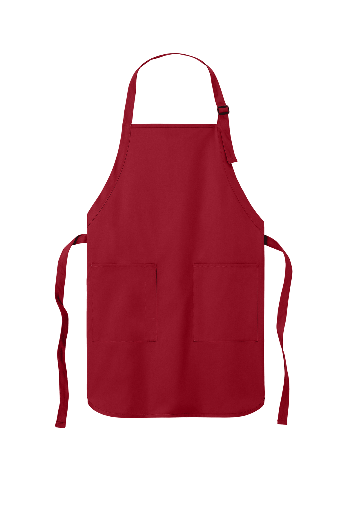 Red personalized apron by Port Authority with adjustable neck strap and front pockets, ideal for cooking and BBQ.