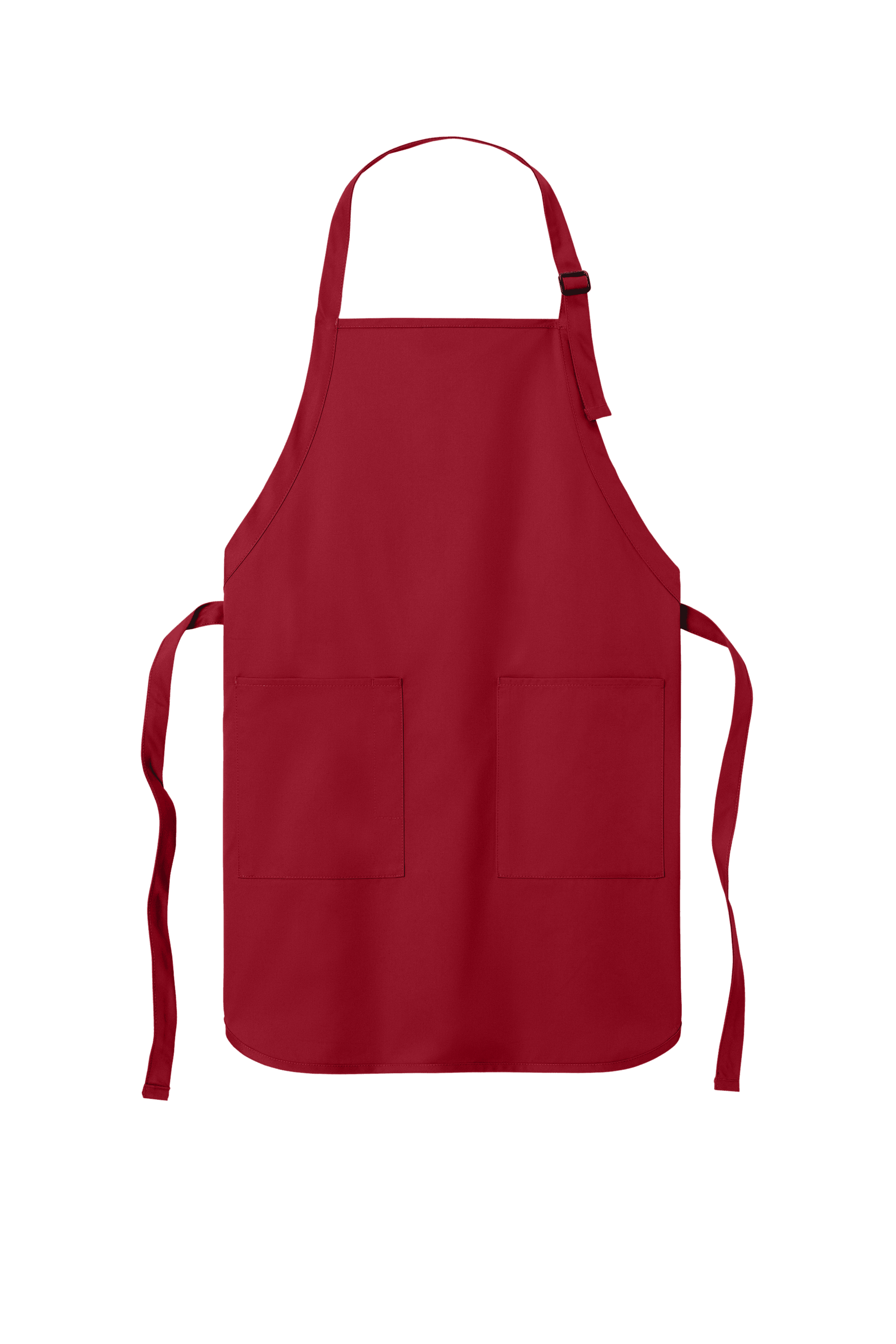 Red personalized apron by Port Authority with adjustable neck strap and front pockets, ideal for cooking and BBQ.