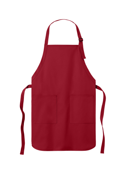 Red personalized apron by Port Authority with adjustable neck strap and front pockets, ideal for cooking and BBQ.