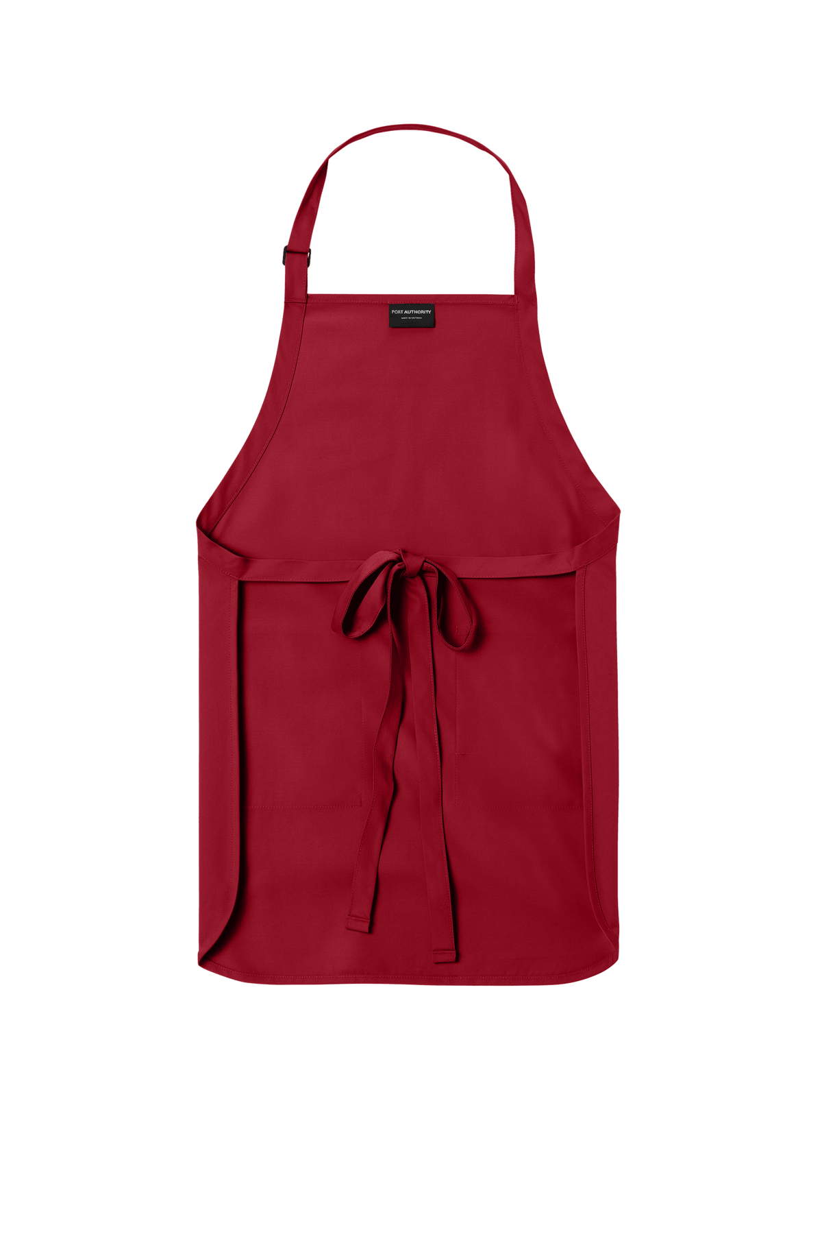 Red Port Authority apron with adjustable neck strap, front pockets, personalized print, ideal for cooking, BBQ, and gifting.