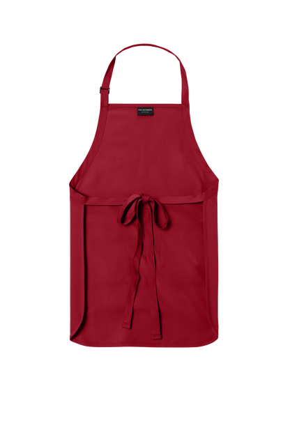 Red Port Authority apron with adjustable neck strap, front pockets, personalized print, ideal for cooking, BBQ, and gifting.