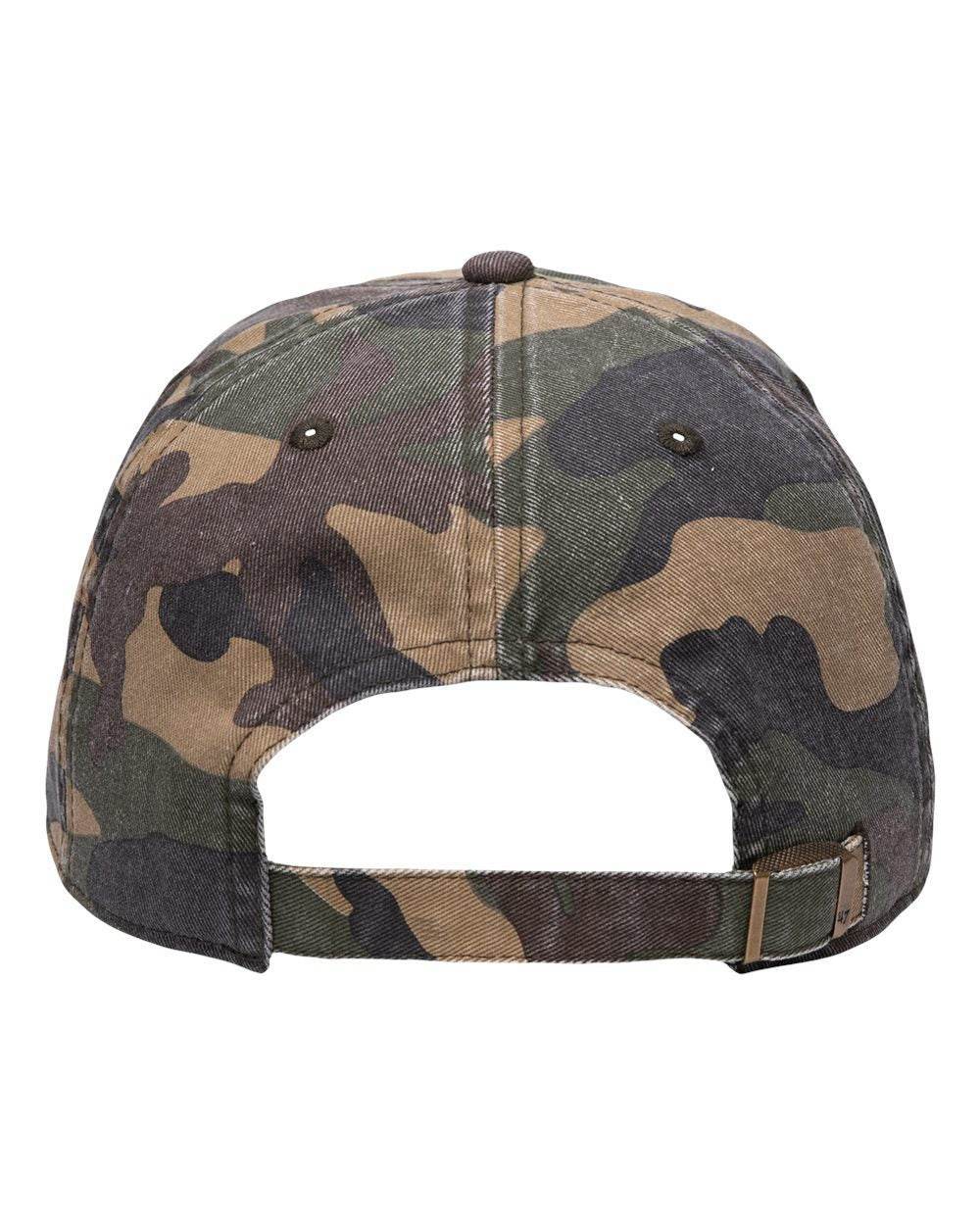 Unstructured '47 Brand Clean Up Cap with adjustable strap back, featuring custom embroidered logo and printed camouflage design.