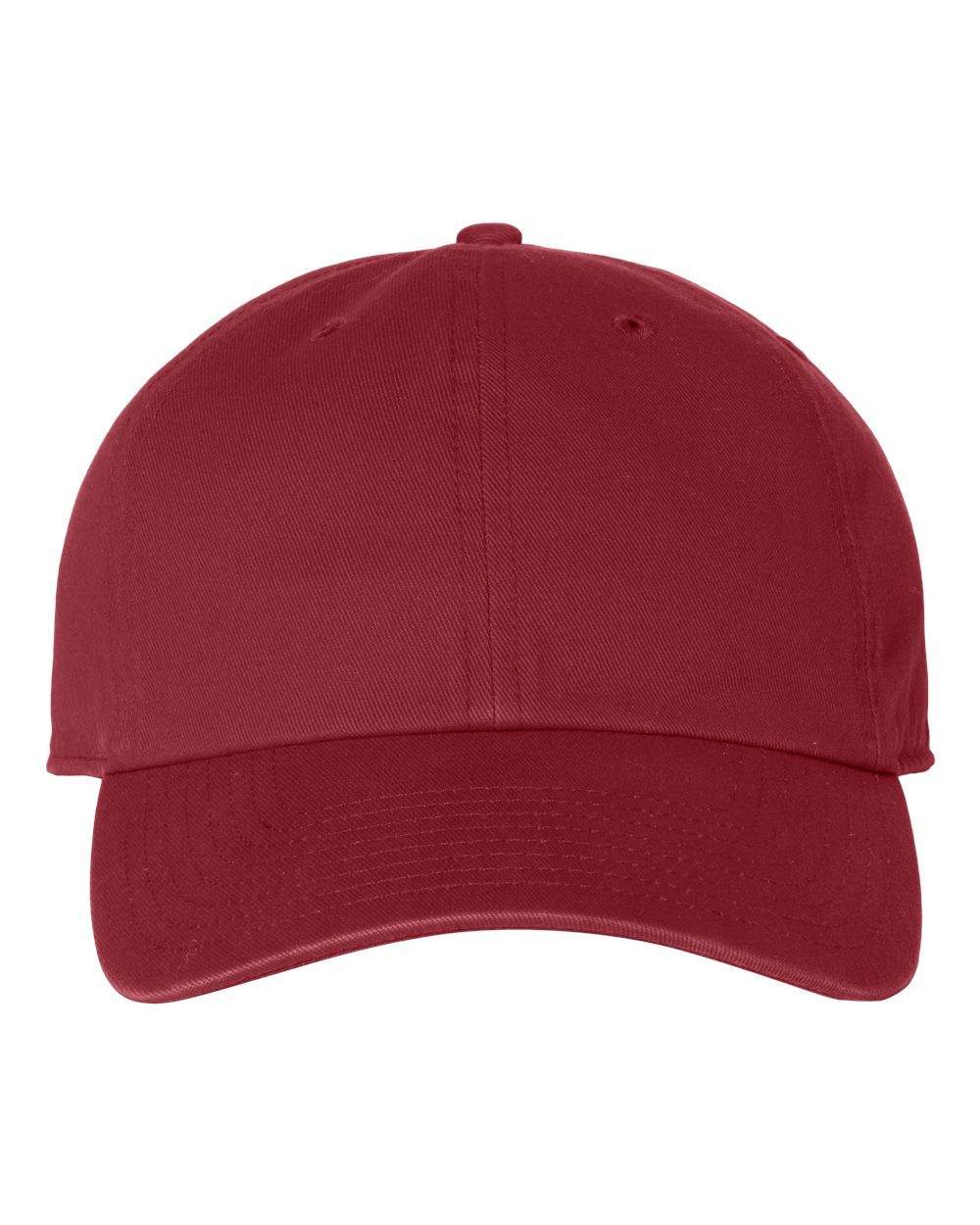 '47 Brand Clean Up Cap baseball hat with adjustable strap back and custom embroidered logo in cardinal color, unstructured dad hat style.
