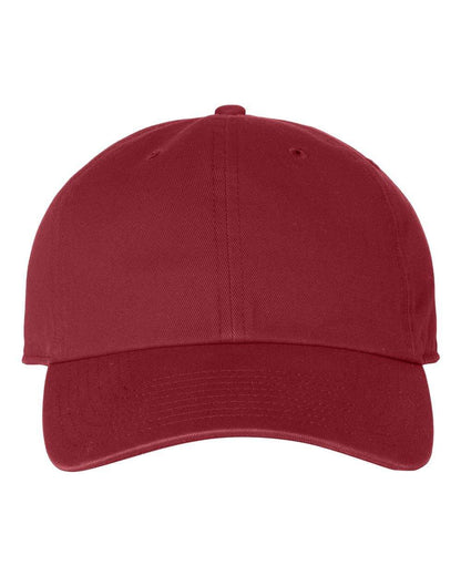 '47 Brand Clean Up Cap baseball hat with adjustable strap back and custom embroidered logo in cardinal color, unstructured dad hat style.