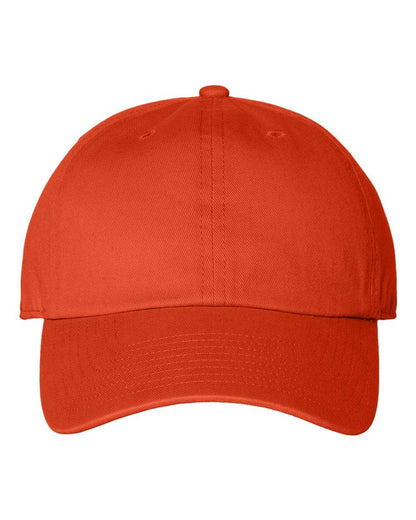 Unstructured orange '47 Brand Clean Up Cap with embroidered logo, adjustable strap back, casual baseball hat for men.