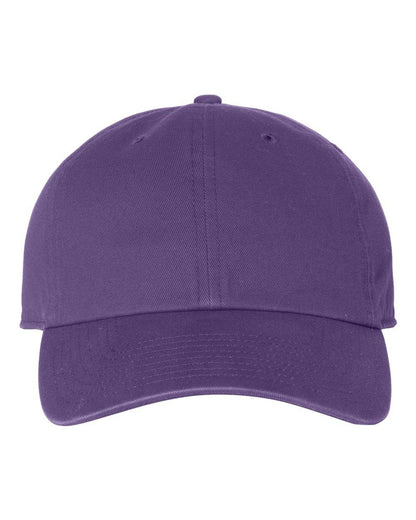 Unstructured purple '47 Brand Clean Up baseball cap with custom embroidered logo and adjustable strap back.