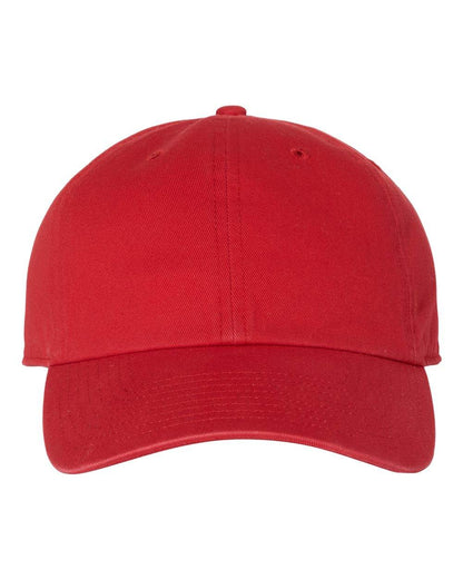 Red '47 Brand Clean Up Cap baseball hat with adjustable strap back and embroidered logo, unstructured dad hat style.