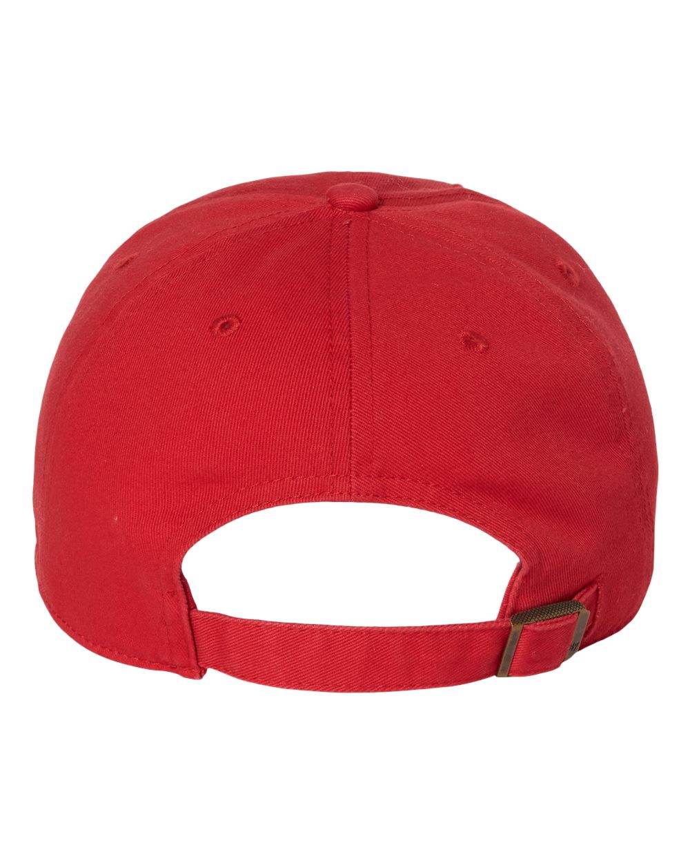 Red '47 Brand Clean Up Cap with embroidered logo, adjustable strap back, unstructured baseball hat on a display.