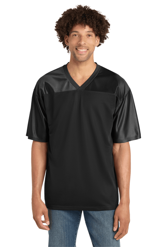 Black Sport-Tek football mesh jersey with customizable name, number, and team logo for personalized team apparel.