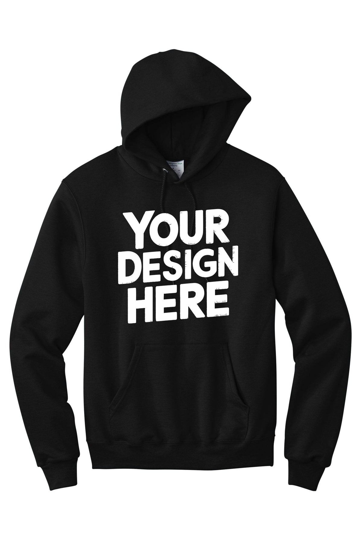 Black custom hoodie from Print View with personalized printed or embroidered design, unisex pullover for casual wear.
