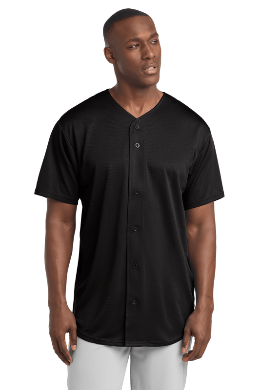 Black breathable mesh baseball jersey by Sport-Tek, lightweight and customizable for team sports.