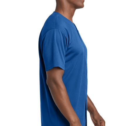 Customizable mesh baseball jersey for men in Blue model side