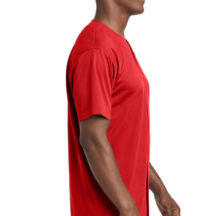 Customizable mesh baseball jersey for men in red Model side