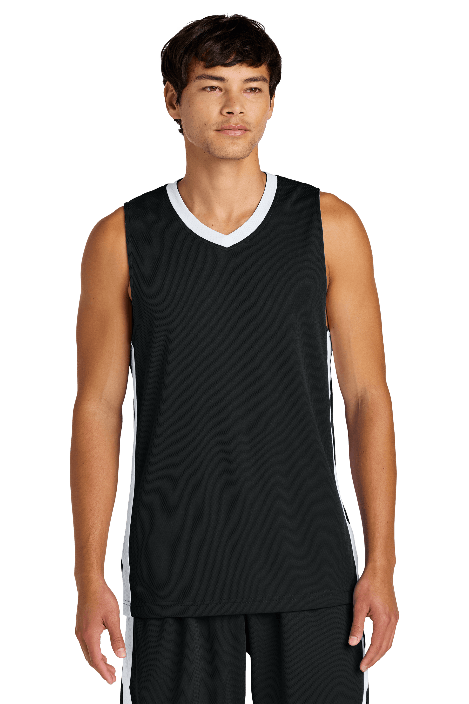 Black and white Sport-Tek customizable mesh basketball jersey with team name, number, lightweight and breathable fabric.