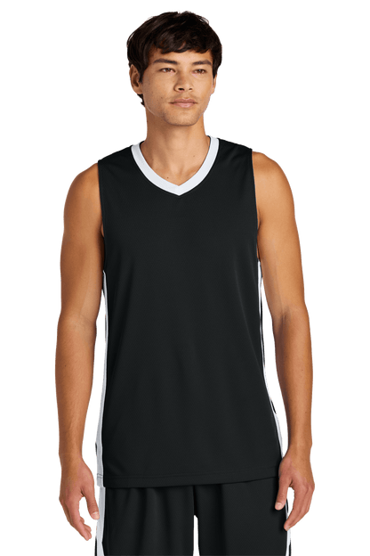 Black and white Sport-Tek customizable mesh basketball jersey with team name, number, lightweight and breathable fabric.