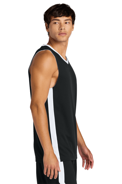 Black and white Sport-Tek customizable mesh basketball jersey with name and number, lightweight and breathable for team sports.