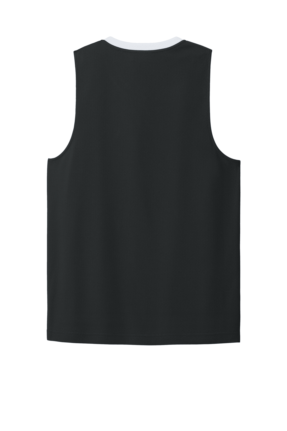 Black and white customizable mesh basketball jersey by Sport-Tek featuring team name, player number, lightweight and breathable fabric.