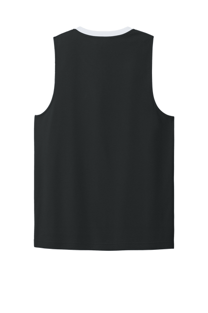 Black and white customizable mesh basketball jersey by Sport-Tek featuring team name, player number, lightweight and breathable fabric.