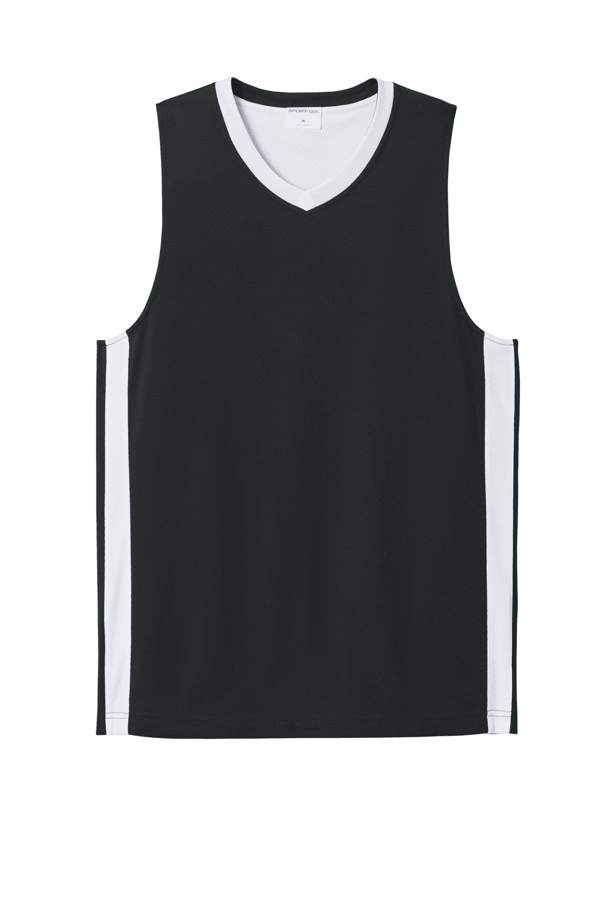 Black and white Sport-Tek basketball jersey with customizable name and number, lightweight and breathable for team play.
