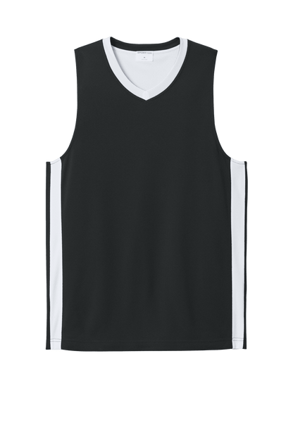 Black and white Sport-Tek basketball jersey with customizable name and number, lightweight and breathable for team play.