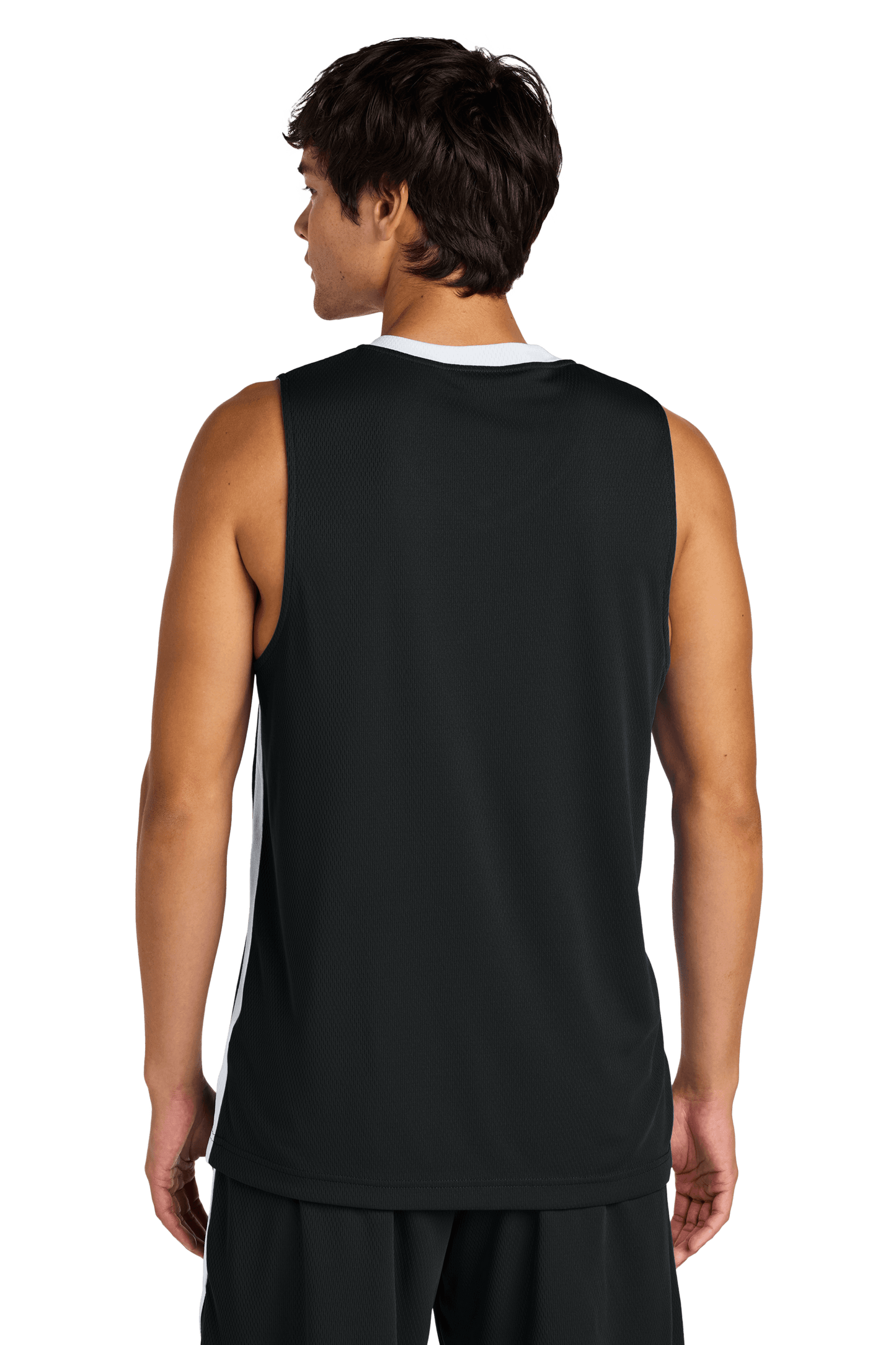 Black Sport-Tek customizable mesh basketball jersey with white accents, featuring a team-ready design with space for name and number.
